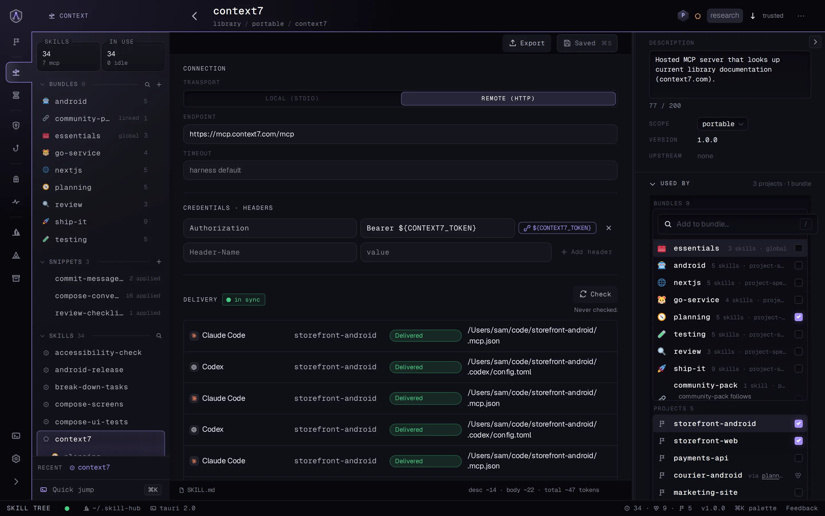An MCP server in Skill Tree with its connection, a secret as a variable reference, and delivery status for each agent.