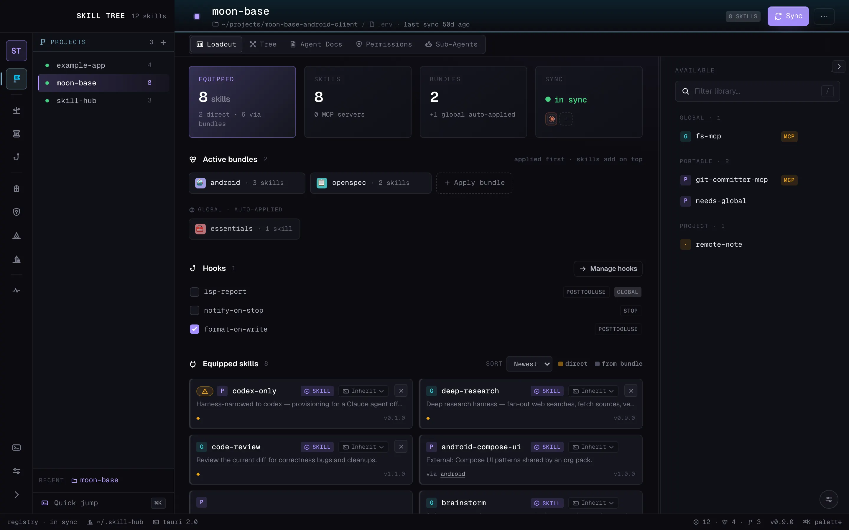 Skill Tree project workspace with skills equipped