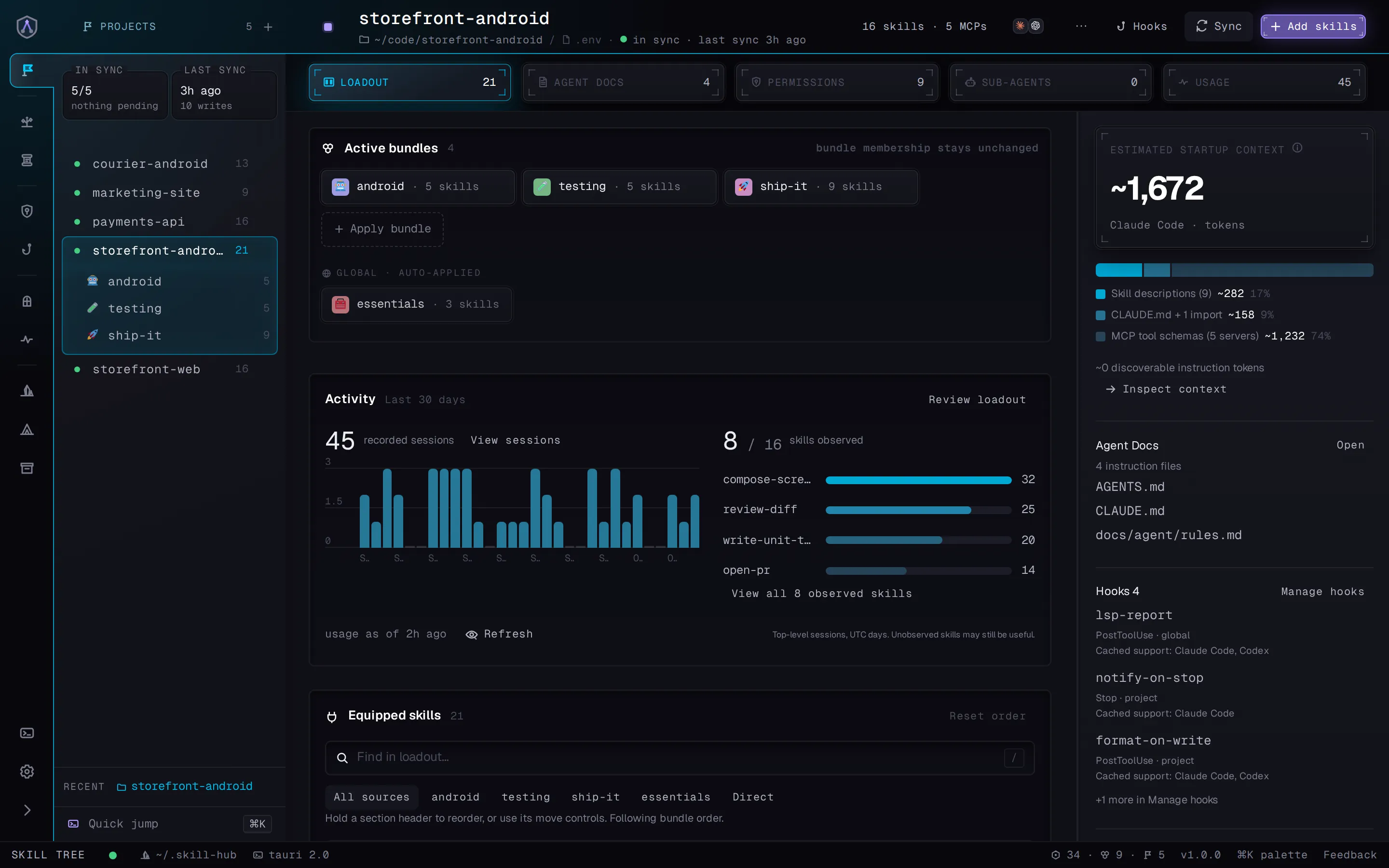 A project in the Skill Tree app: its bundles, the global bundle, the context estimate, 30 days of activity with the most used skills, agent docs and hooks.